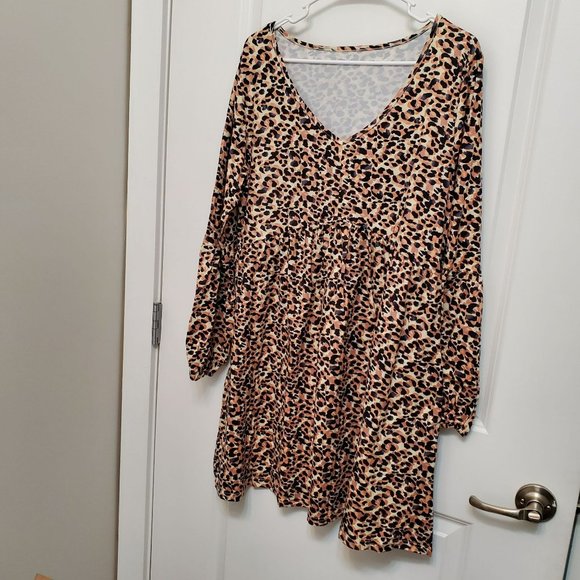 Women's Baby Doll Dress with Pockets, L, Leopard, Long Sleeve Flowy Tunic V Neck - Picture 2 of 9